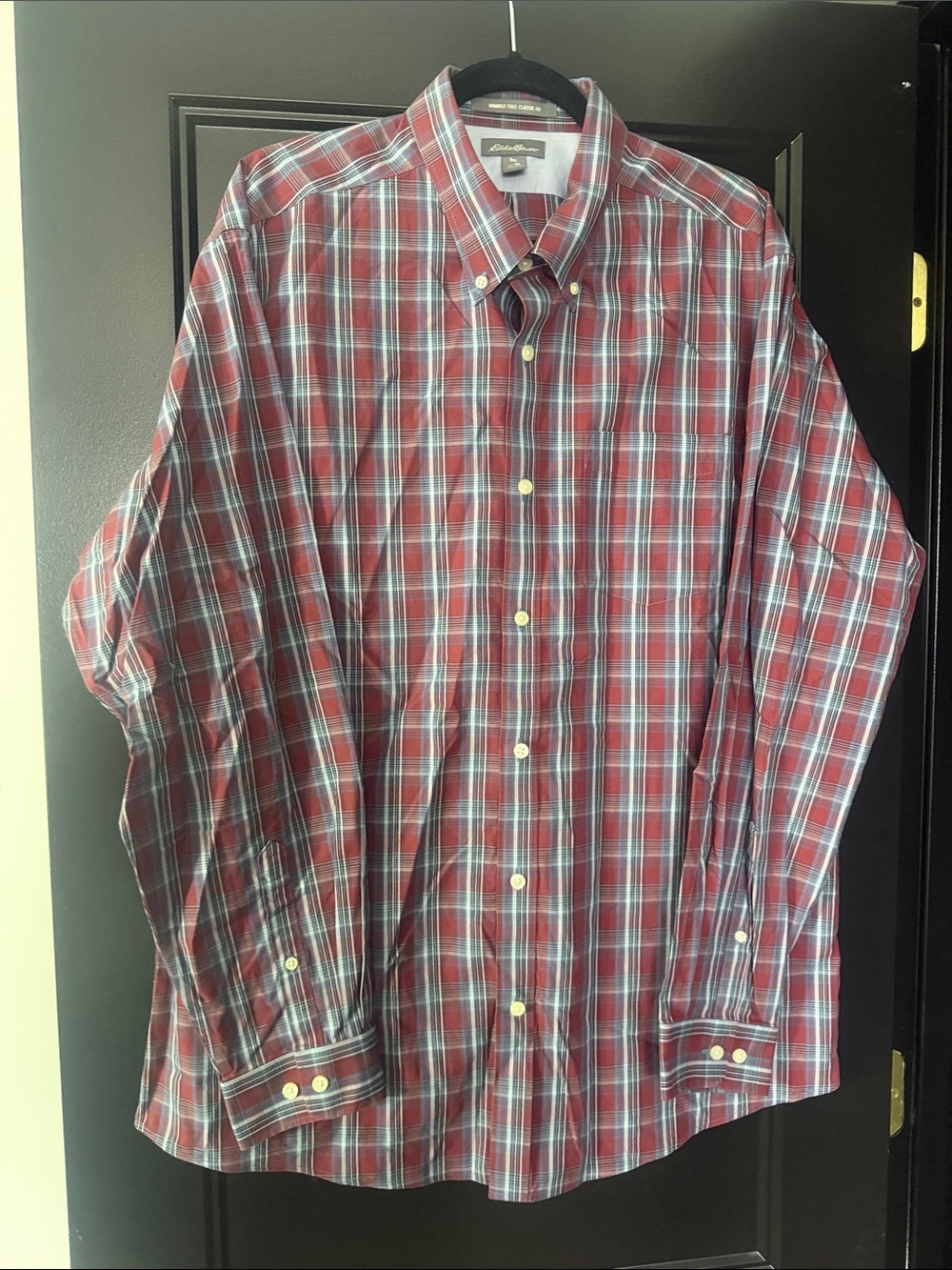 Eddie Bauer Men's Red and Blue Plaid Button-Down Shirt